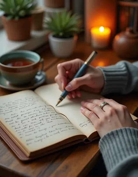 Close-Up of Hands Writing in a Journal
Scene Description:
A close-up shot focuses on a person’s hands holding a pen, writing in a leather-bound journal. The hands are relaxed and deliberate, conveying a sense of calm and focus. The journal is open, with a ...