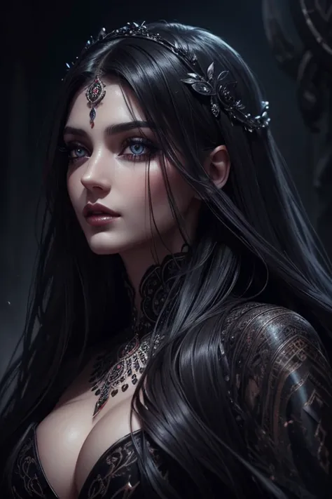 a gorgeous demonic goddess, beautiful detailed eyes, beautiful detailed lips, extremely detailed face and intricate features, long eyelashes, flowing hair, elegant dress, dark and mysterious aura, dramatic lighting, cinematic composition, vibrant colors, m...