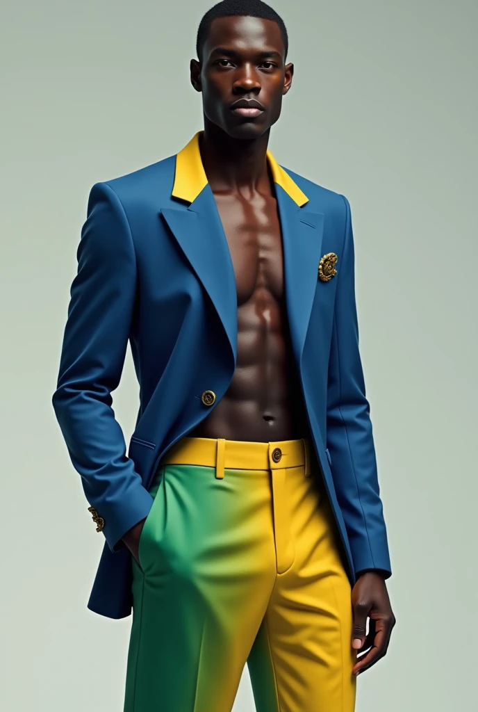 Male body and black skin. Blue blazer with yellow details on the collar and pockets. Shorts with green and yellow gradient. elegant set