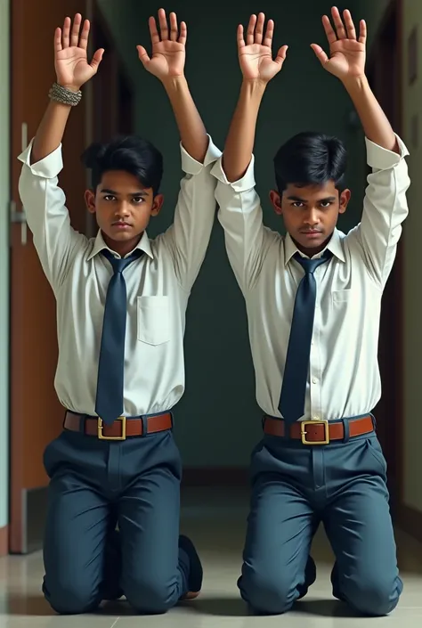 Two 19year indian boys wearing shirt long sleeve with tie and fashionable buckle belt is kneeling straight in the near the principals office door his hands raised straight high up above his head with tired looking 