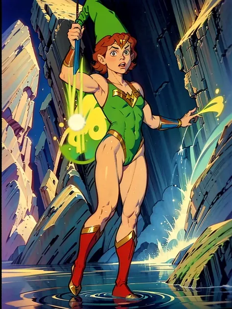 a redhead cartoon character, wonder woman outfit, green leotard, very muscular,  male wizard, 1980s cartoon, animated episode still, Presto (((mad))), ((Wears a wizard hat))