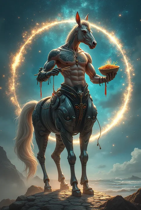 Centaur holds chopsticks in one hand and a big bowl of noodles in the other，Centaur&#39;s upper body is a human bald tattoo，Centaur&#39;s lower body is equipped with advanced mechanical armor，Standing by the watere、soil、In the magic circle of wind，The back...