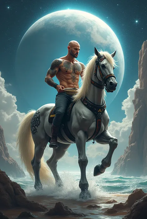 Centaur holds chopsticks in one hand and a big bowl of noodles in the other，Centaur&#39;s upper body is a human bald tattoo，Centaur&#39;s lower body is equipped with advanced mechanical armor，Standing by the watere、soil、In the magic circle of wind，The back...