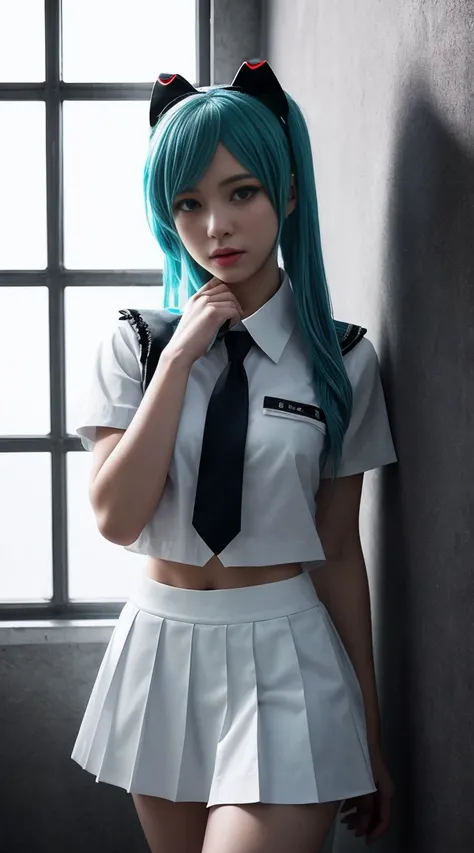 Genius cosplayer girl of Hatsune Miku, intricate detail Highly Detailed Eyes, Faded, Japanese high school white sailor suit, White collar shirts, blue tiny tie, white skirt, black arm cover, 16K resolution, RAW, Nikon Z9, Creative, Masterpiece, Fantasy, Hi...