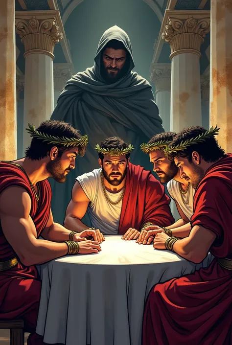 Group of Roman senators, in ancient Rome, with crown of branches, planning a plan against an emperor, image in comic book drawing 