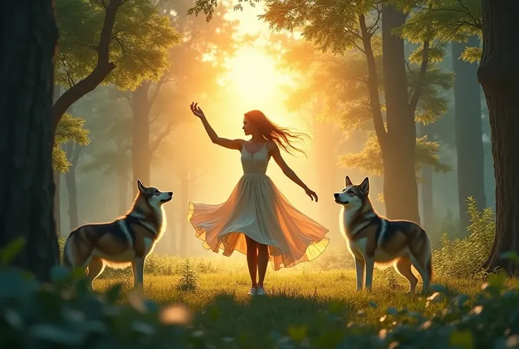 Beautifull girl in a forest little clothes holding a stick dancing with they borda and wolfs running away facing they sunrise 