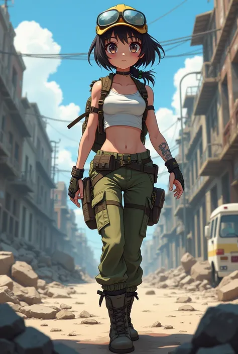 Anime girl with cute body dressed as if she were in a zombie apocalypse