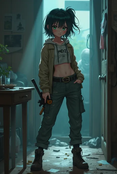 Anime girl with cute body dressed as if she was in a zombie apocalypse in a room 