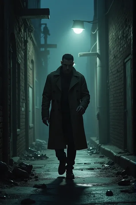 An experienced detective in a trench coat, holding a flashlight, slowly walks through a crime scene. He carefully scans the area, focusing on the ground where potential evidence lies. The setting is a dimly lit alleyway, with shadows cast on the walls.