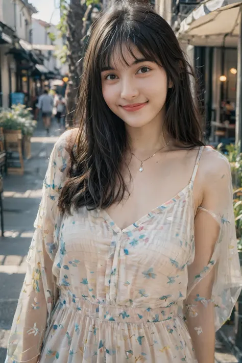 A high-resolution, wide angle shot, 4K portrait of a beautiful 20-year-old woman with a happy smile, detailed skin, and clear eyes. She has long, messy black hair with bangs and dark brown eyes with slight dark circles, looking at viewer. The image feature...