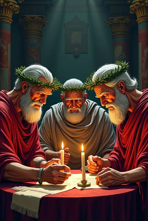 Group of Roman senators, in ancient Rome, already older, with crown of branches, planning a death plot against an emperor, image in comic book drawing 