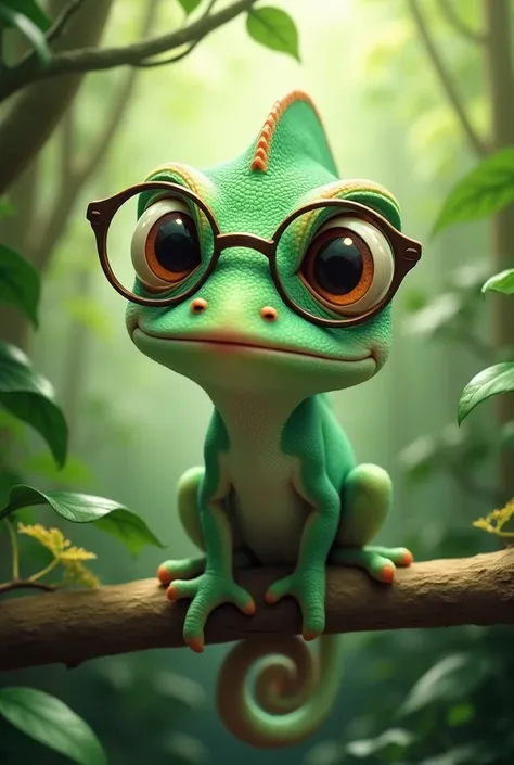 A cute little green chameleon with glasses
