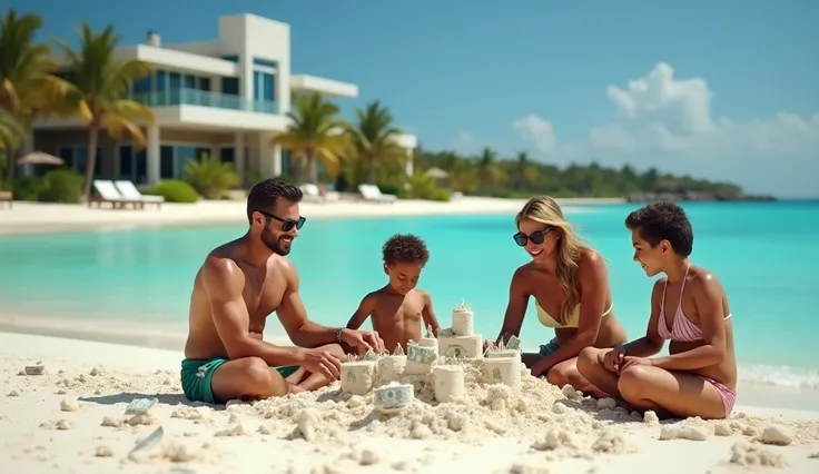 Family at a private beach in the Bahamas: A wealthy family enjoys their time at a private beach in the Bahamas. The parents are in designer swimwear, and the children build sandcastles with dollar bills. A luxury beachfront villa stands in the background.