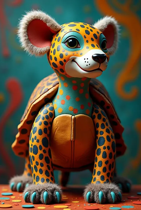 Make an alebrije with the following characteristics, turtle shell, leopard spots, dog head and koala arms, remember the dog face and koala arms