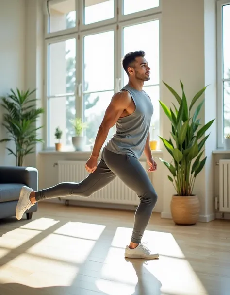 A Person Doing a Quick Stretching Exercise
Scene Description:
A wide shot shows a young man, around 2, performing a stretching exercise in a modern, well-lit living room. He is doing a standing quad stretch, holding one foot behind him with his hand. His p...