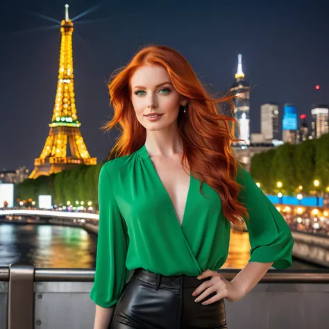 "Create an image of a stunning red-haired model standing confidently in front of a famous tourist destination. The model has long, flowing red hair that catches the light, with expressive green eyes and a radiant smile. Shes dressed in a stylish, modern ou...