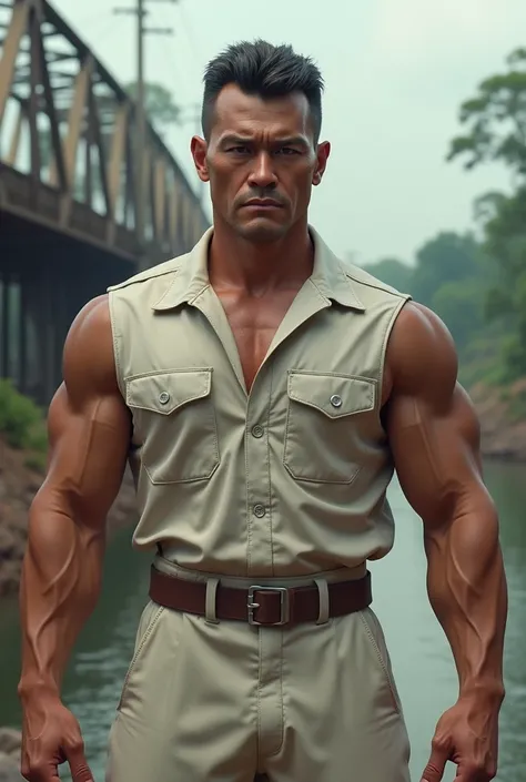 man,Diamond face shape,Have muscles,black short hair,Big white shirt,trousers,Standing in front of the bridge over the River Kwai