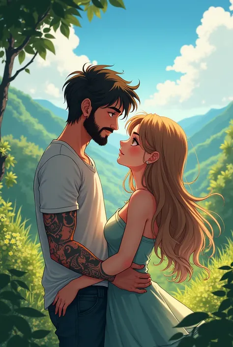 a couple; the girl with long light brown hair, brown eyes And a boy with a beard and tattoos, in anime style With a one piece landscape 