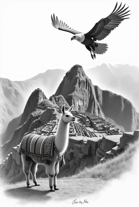 Machu Picchu with a llama in clothing at his side and a flying condor drawn in pencil