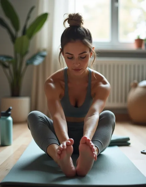 Close-Up of a Person Stretching
Scene Description:
A close-up shot shows a young woman, around 30 years old, on a yoga mat, performing a seated forward stretch. She is reaching towards her toes with a focused expression, her back straight and her legs exte...