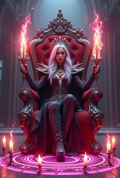 Surreal　Very detailed　Ultra Fantasy　Ultimate Details　Ultra-high resolution　8K 32k 3D 　Clear Eyes　Silver Hair　　Sit on a chair　　、In each hand he holds a gorgeous, uniquely designed sword that emits pink flames of mysterious energy..　assassin　　Demonic anacond...