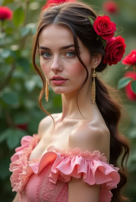 Woman  Jennifer connelly Young  20 años model long hair Brow moño con rosa roja en el cabello n blue eyes dress  Pink ballet flamenco  sevillana  volantes encaje  Pink  pendientes largos dorado in park garden roses 