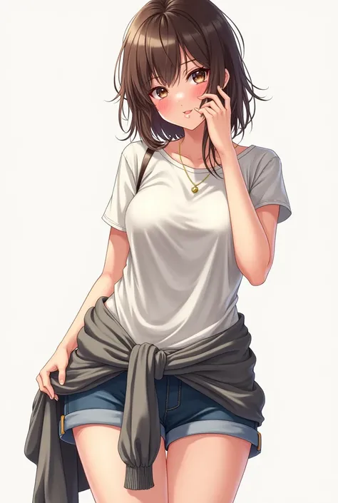 Anime girl with big bust wearing disheveled t-shirt,shorts and a sweater tied at the waist with medium brown hair messy 