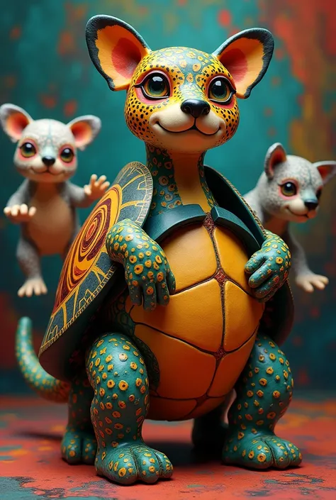 Make an alebrije with the following characteristics, turtle shell, leopard spots, dog head and koala arms, remember the dog face and koala arms