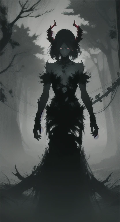 Foggy Forest, ancient female creature, demonic silhouette, succubus shadow figure, red eyes, eyes in the fog, rotting, looking dead, torn wings, 