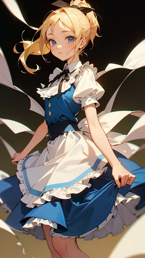 high resolution、Perm blonde、ponytail、Black ribbon on head、simple light blue dress、White frills on the skirt。
A girl like Alice in Wonderland。Fantasy