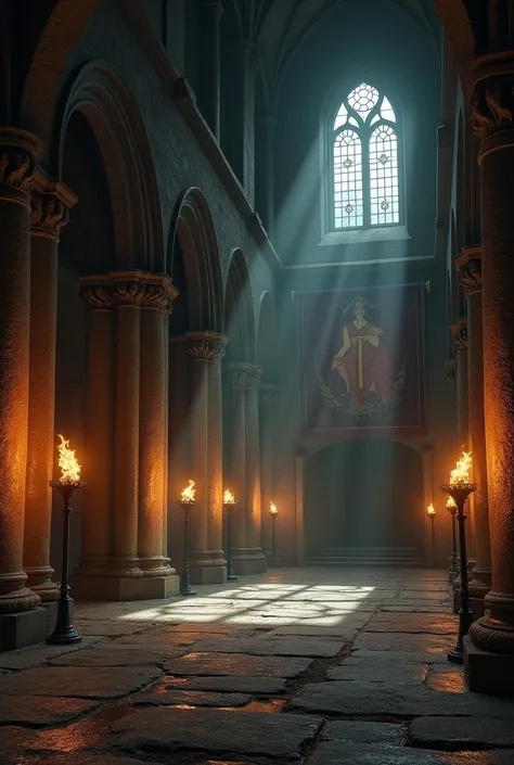 inner room of the castle, illuminated only by the dim light of a few torches