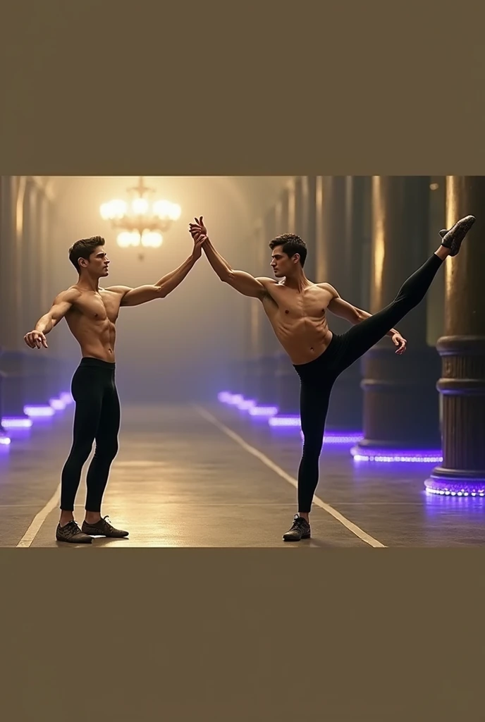 Two handsome beautiful slim shirtless men in black pants dancing raising their hands up holding hands together and moving their hips the same way doing backflip