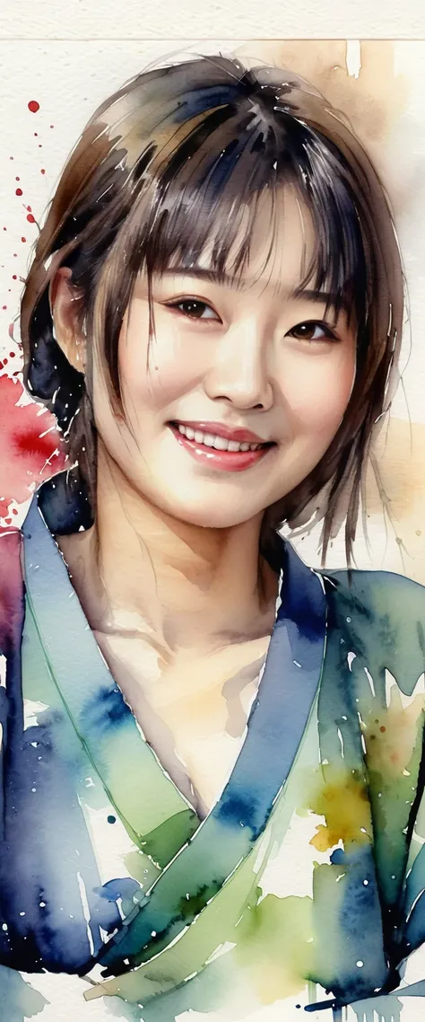 masterpiece,Japanese woman,(Watercolor splashes、Oozing、Blurry、Blotting、Effective use of fading techniques),(smile),kodew