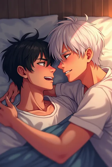 Two men having sex, A short black haircut，Another short white hair, Lying in bed, The one with short black hair (love) pissed，The one with short white hair (love) Anime with a smile