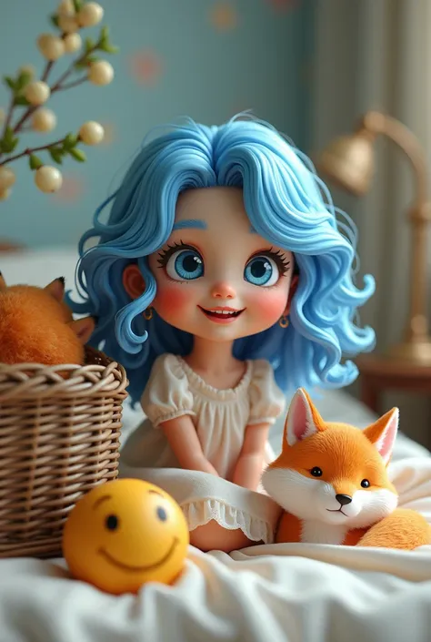 A beautiful baby smiling lips
girl with blue curly hair and blue eyes.
Next to an old basket, there is a smiley face inside.
 The orange fox is beautiful.
in a beautiful bed
Style 3D