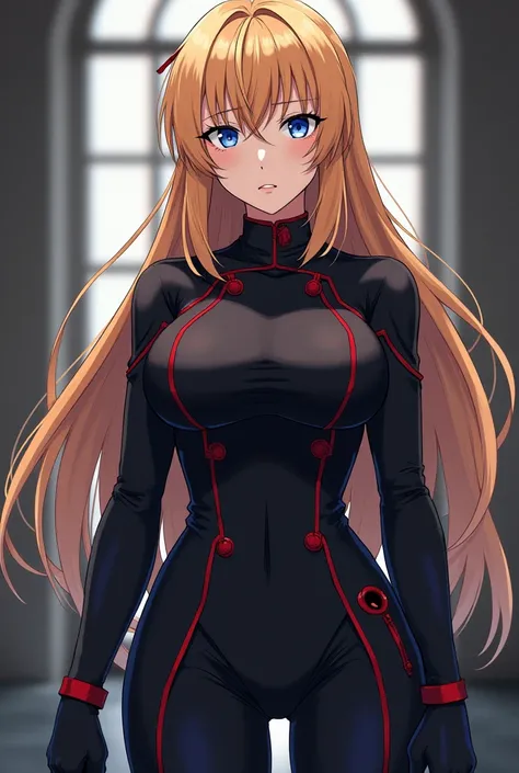 (masterpiece, Best Quality:1.2), Bazett, fgo, 1 woman, 17 years, Alone, Long hair, blonde hair half black, hits, blue eyes,  big breasts,high, athletics, black gloves, Suit, uniform, Jujutsu Kaisen Maki, Looking towards the camera,  anime
