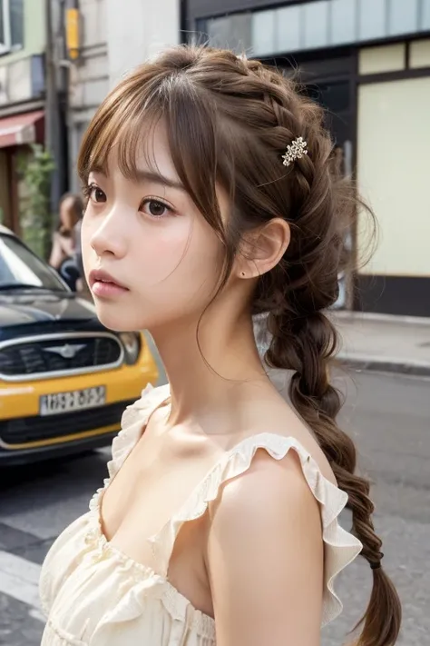 (((masterpiece))), ((photo realistic:1.55)), full body, Japanese girl,,((broad jawline)),puffy face, twin braids, light brown hair,(((messy hair))),Tiered mini dress, Frowning, street, from bottom