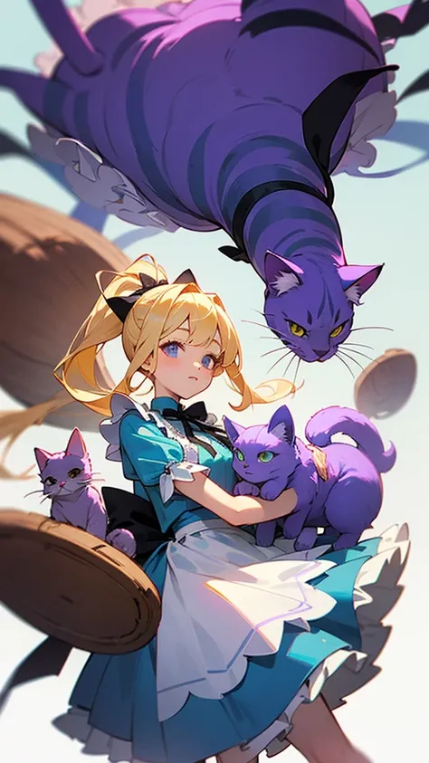 high resolution、Perm blonde、ponytail、Black ribbon on head、simple light blue dress、White frills on the skirt。
A girl like Alice in Wonderland。Fantasy、The Cheshire Cat is a pink and purple striped cat.。The girl holding this cat