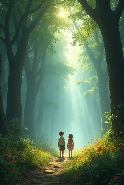 A magical clearing in an ancient forest, bathed in sunlight. Two children, a  and a , stand in the center, looking scared and confused. The clearing is surrounded by towering, old trees with thick, green foliage. The ground is covered with vibrant, colorfu...