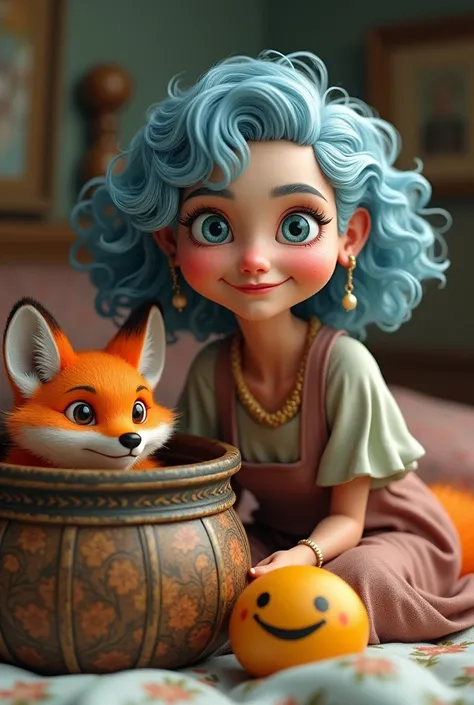 A old woman beautiful smiling lips 
with blue curly hair and blue eyes.
Next to an old basket, there is a smiley face inside.
 The orange fox is beautiful.
in a beautiful bed
Style 3D