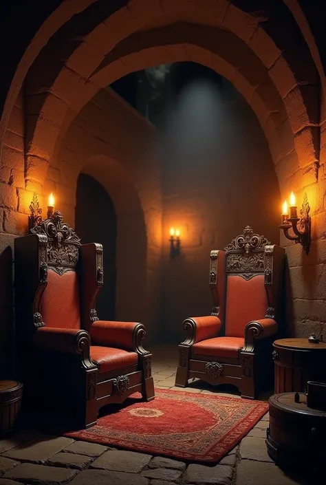 room with castle armchairs, illuminated only by the dim light of a few torches