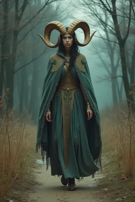 A solitary figure embodying the Zodiac sign Capricorn, her determination evident as she walks alone on a path. The woman is characterized by her strong, stoic presence, exuding an aura of power and wisdom. This image, whether a painting or photograph, capt...