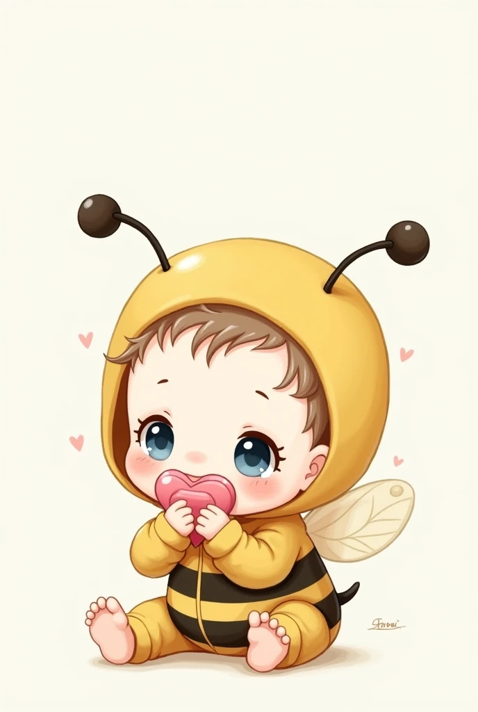 Little baby sitting in bee clothes with pink pacifier, Whole body, blue eyes, light brown hair and little in drawing 