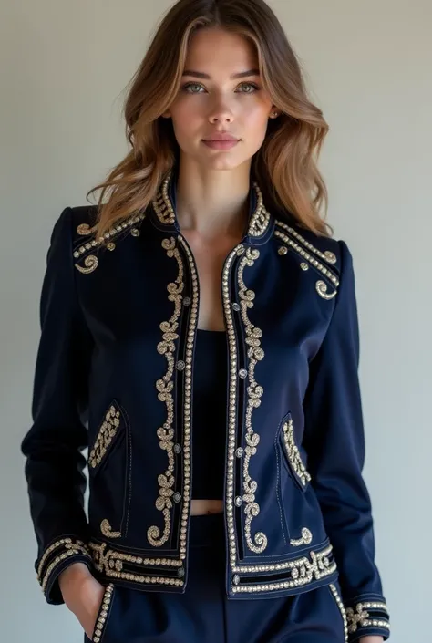 Promotional jacket in navy blue, pearl and gold colors, Elegant and youthful