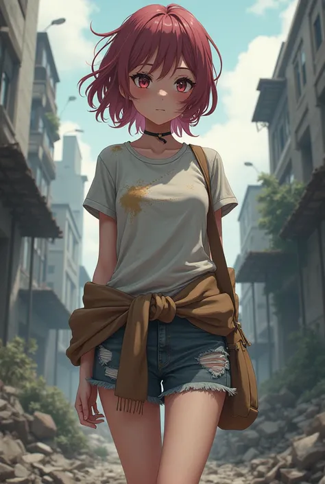 Anime girl in disheveled t-shirt and shorts with sweater tied around waist in an apocalypse 