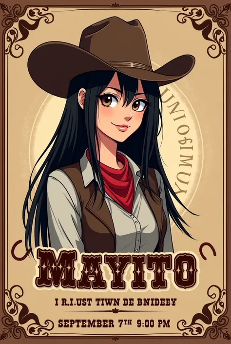 Create an invitation for my birthday, My name is Mayito, It&#39;s September 7th at 9:00pm in Sauces 6 mz 277 v2. 
The style that is cowboy, take into consideration that I am pretty with long hair, straight and black. I don&#39;t have much bust 