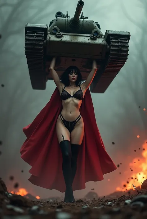 Beautiful and sexy undead vampire gothic girl with short dark hair and blue eyes, Big big butts, super muscular ,  Super strong and huge short red cape lingerie , Waders, A BBW in stockings lifts a giant tank over her head laughing as explosive grenades ar...