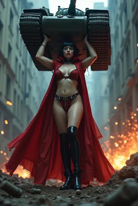 Beautiful and sexy undead vampire gothic girl with short dark hair and blue eyes, Big big butts, super muscular ,  Super strong and huge short red cape lingerie , Waders, A BBW in stockings lifts a giant tank over her head laughing as explosive grenades ar...