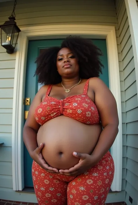 Your eye view of pregnant mother Cardi B plus size version and kissing her lesbian partner on the porch of the house. fisheye camera view, iphone camera style. 8k hd, realface, cinematic. High detail