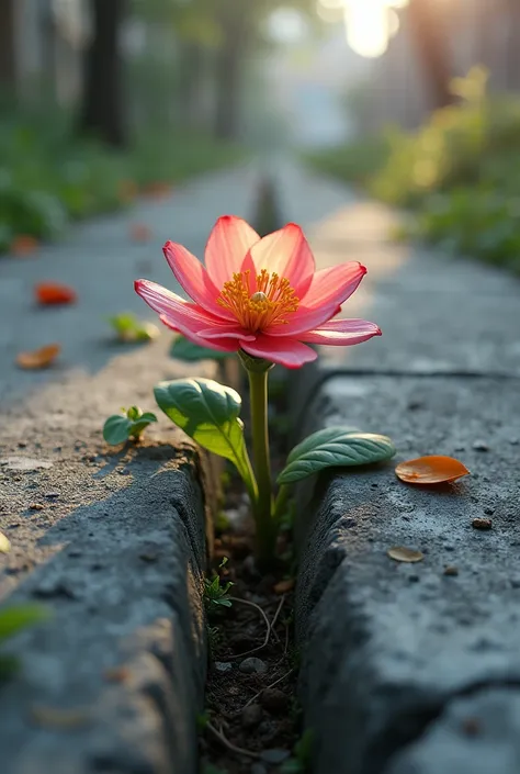 A flower sprouting between the pavement 